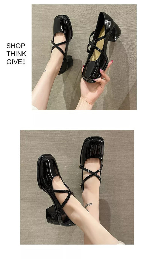Square Toe Casual Brief Strap Block Heels